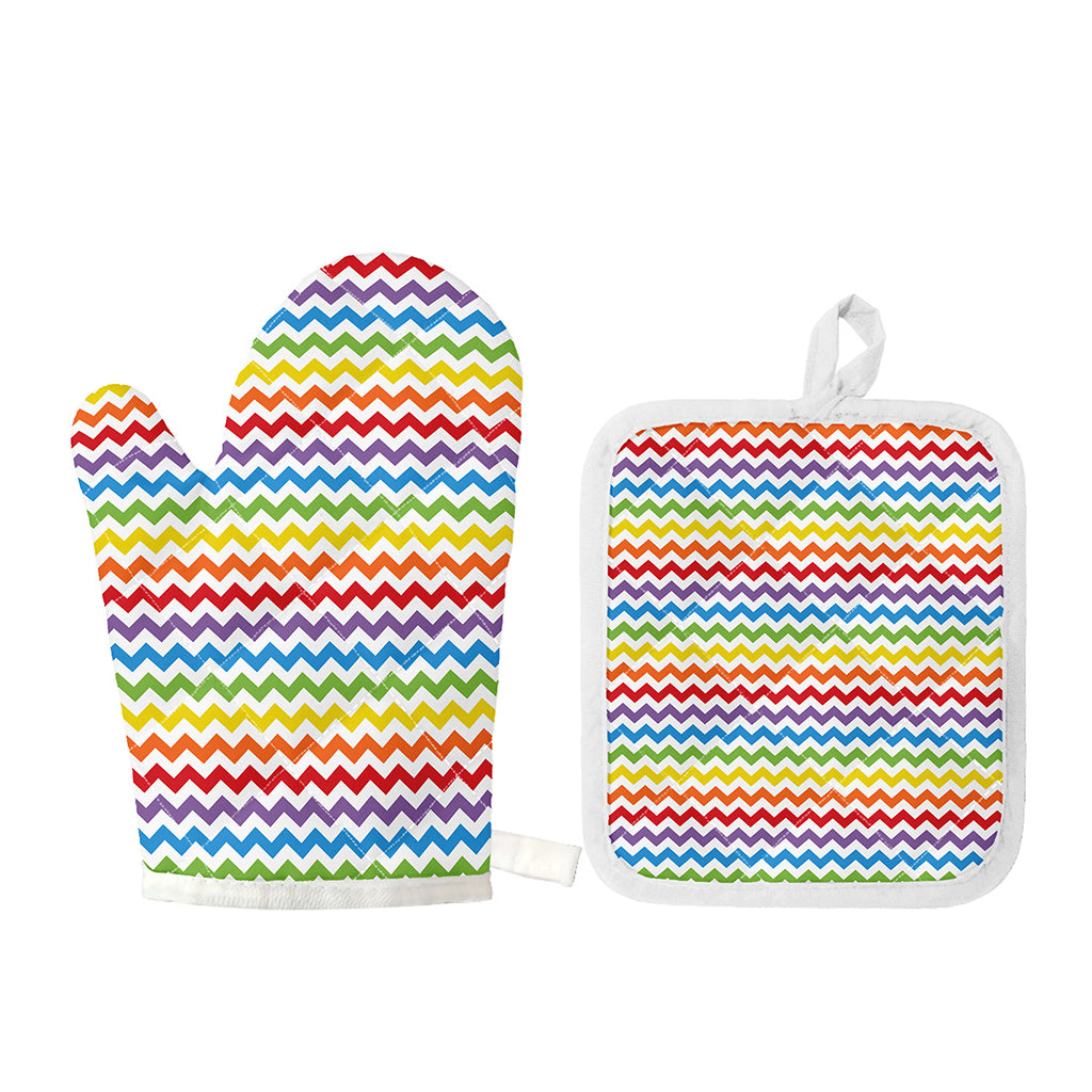 Rainbow Chevron Pattern Print Oven Mitt And Pot Holder Set