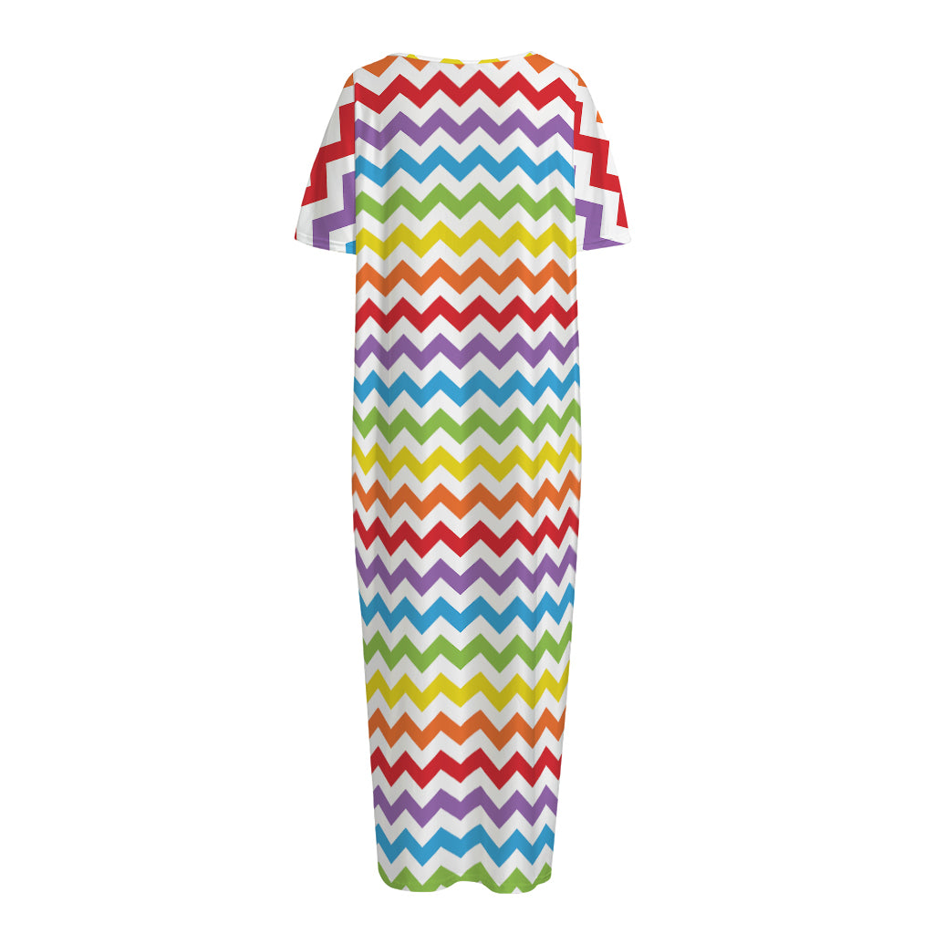 Rainbow Chevron Pattern Print Short Sleeve Long Nightdress
