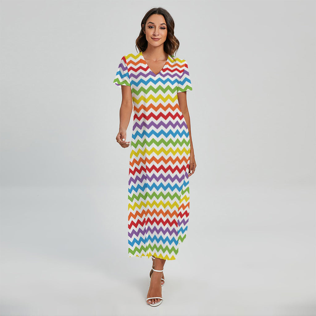 Rainbow Chevron Pattern Print Short Sleeve Maxi Dress