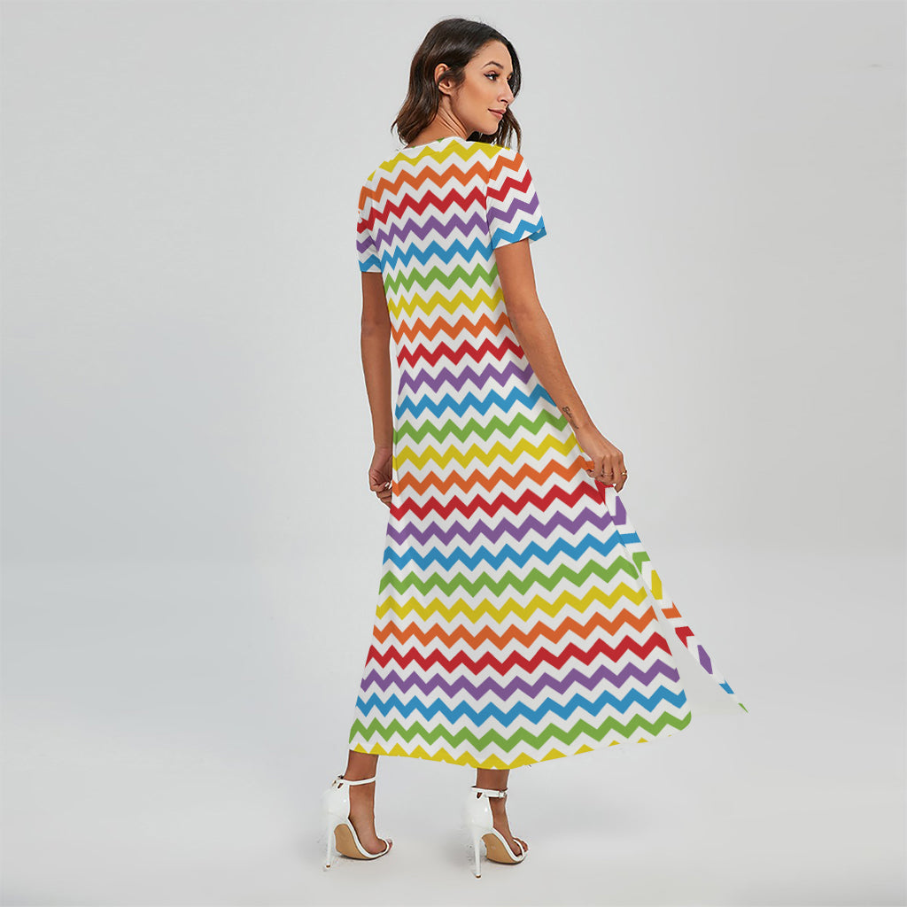 Rainbow Chevron Pattern Print Short Sleeve Maxi Dress