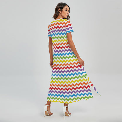 Rainbow Chevron Pattern Print Short Sleeve Maxi Dress