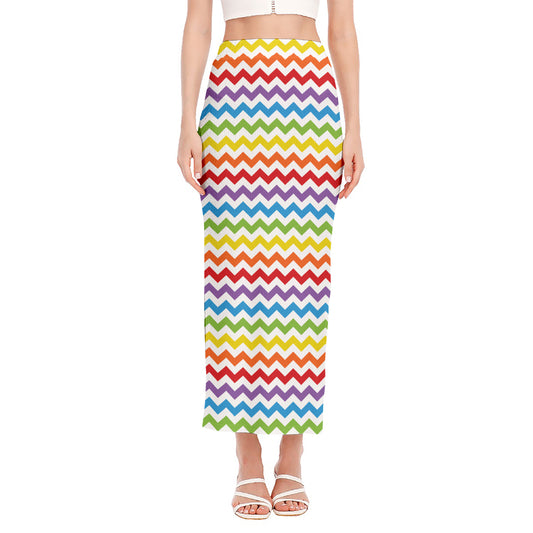 Rainbow Chevron Pattern Print Side Slit Maxi Skirt