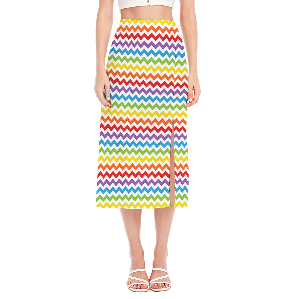 Rainbow Chevron Pattern Print Side Slit Midi Skirt
