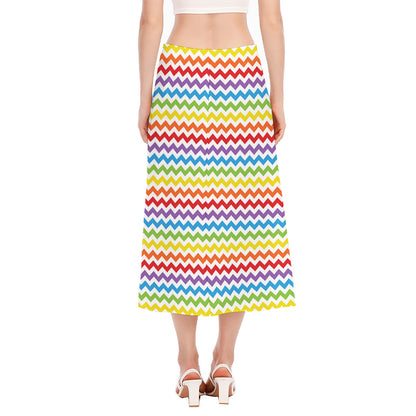 Rainbow Chevron Pattern Print Side Slit Midi Skirt