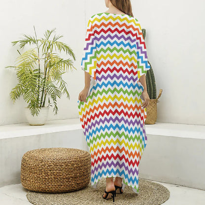Rainbow Chevron Pattern Print Silk V-Neck Kaftan Dress