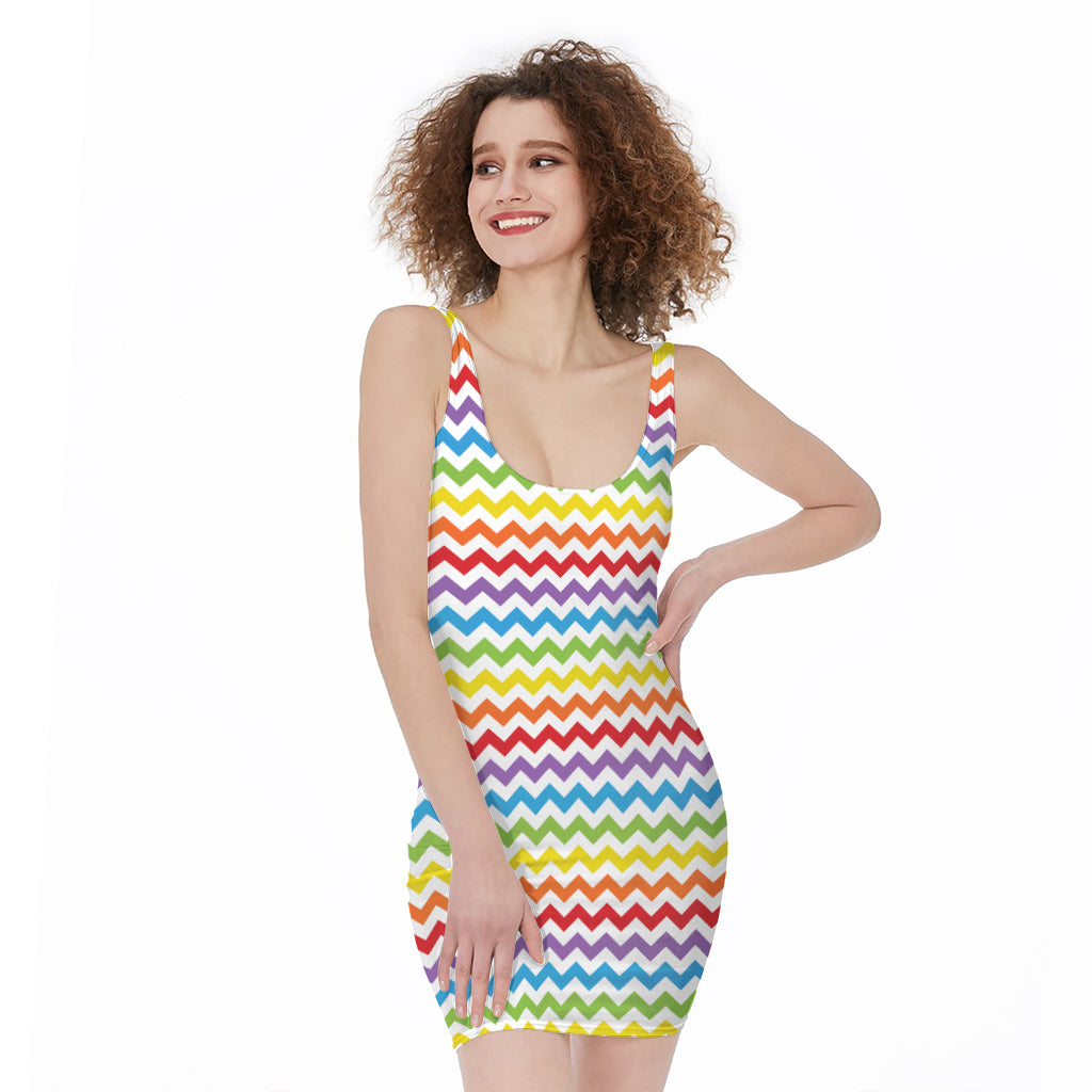 Rainbow Chevron Pattern Print Sleeveless Bodycon Dress