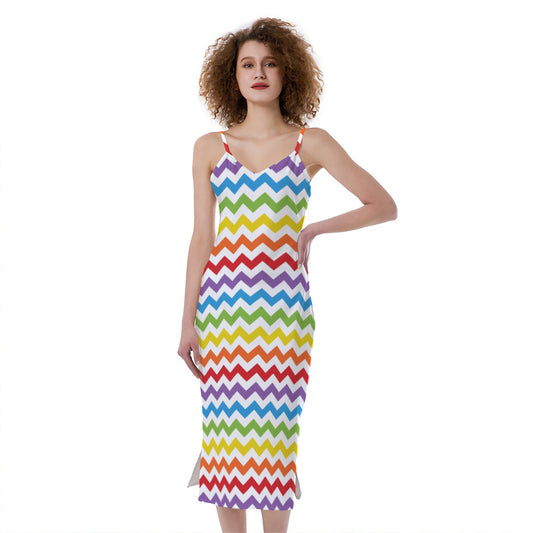 Rainbow Chevron Pattern Print Slim Fit Midi Cami Dress