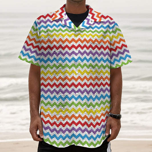 Rainbow Chevron Pattern Print Textured Short Sleeve Shirt