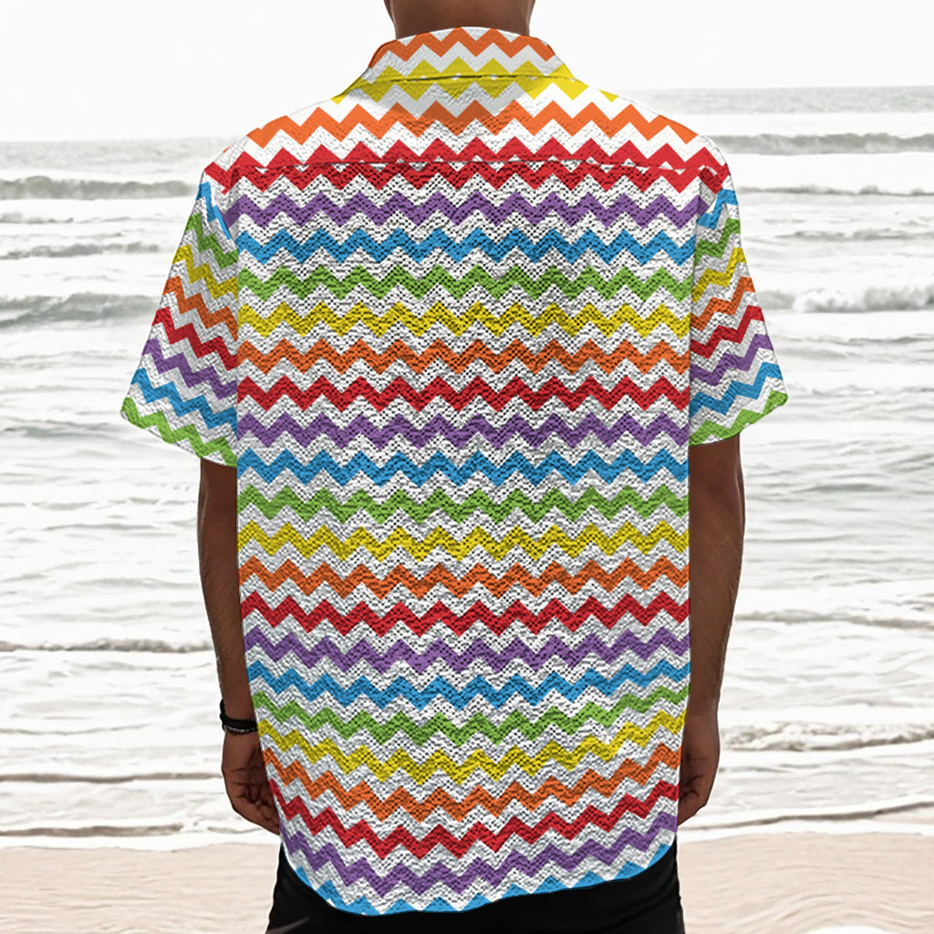 Rainbow Chevron Pattern Print Textured Short Sleeve Shirt