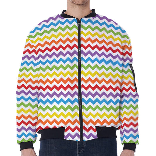 Rainbow Chevron Pattern Print Zip Sleeve Bomber Jacket