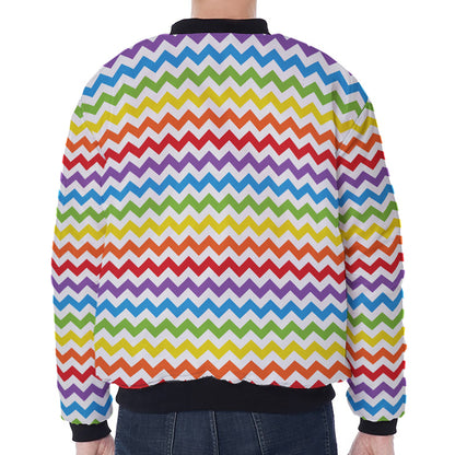 Rainbow Chevron Pattern Print Zip Sleeve Bomber Jacket