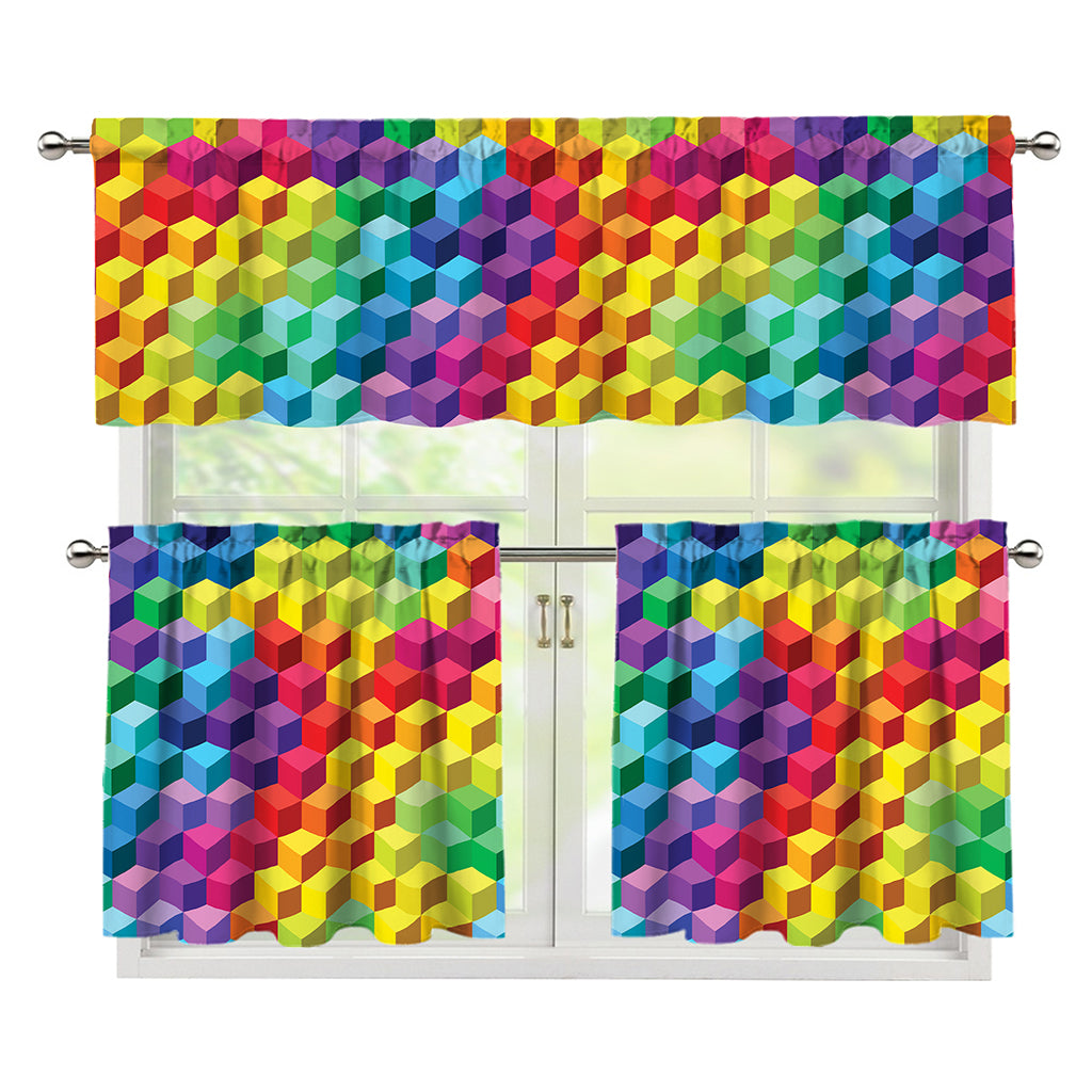 Rainbow Cubes Pattern Print 3 Piece Kitchen Curtains