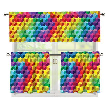 Rainbow Cubes Pattern Print 3 Piece Kitchen Curtains