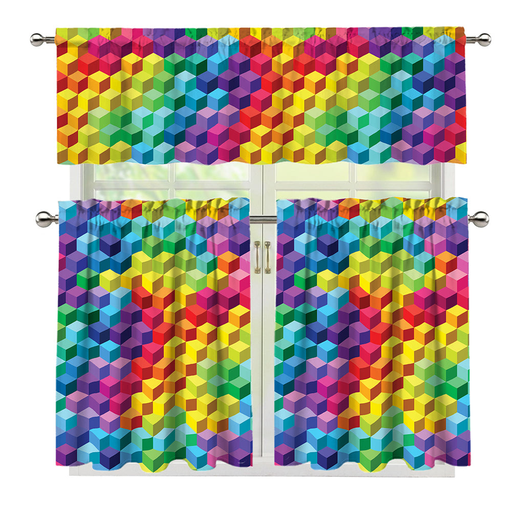 Rainbow Cubes Pattern Print 3 Piece Kitchen Curtains