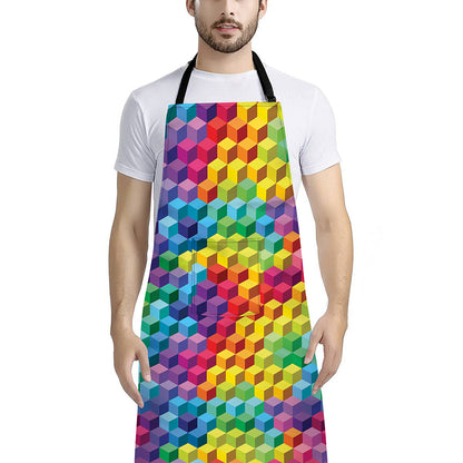 Rainbow Cubes Pattern Print Bib Apron With Pocket