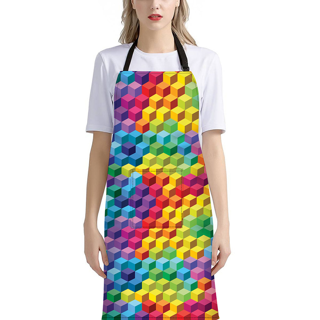 Rainbow Cubes Pattern Print Bib Apron With Pocket