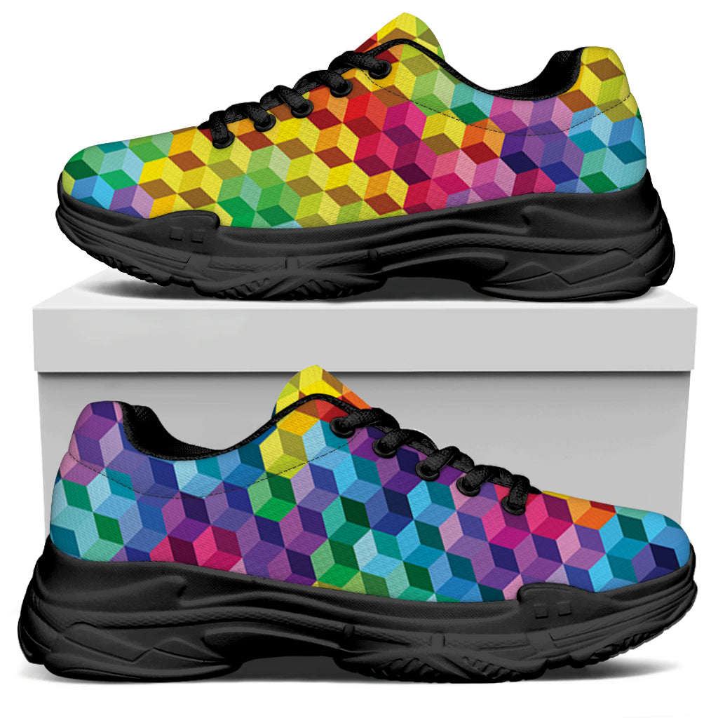 Rainbow Cubes Pattern Print Black Chunky Shoes