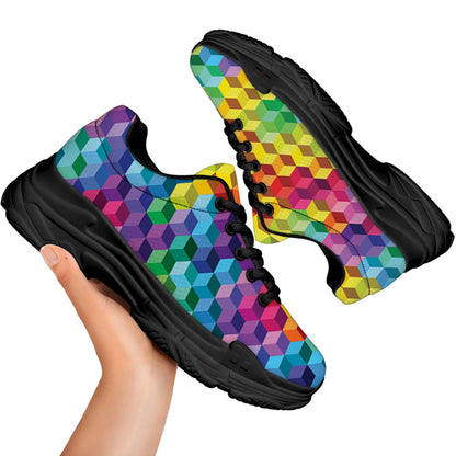 Rainbow Cubes Pattern Print Black Chunky Shoes