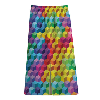Rainbow Cubes Pattern Print Cotton Front Slit Maxi Skirt