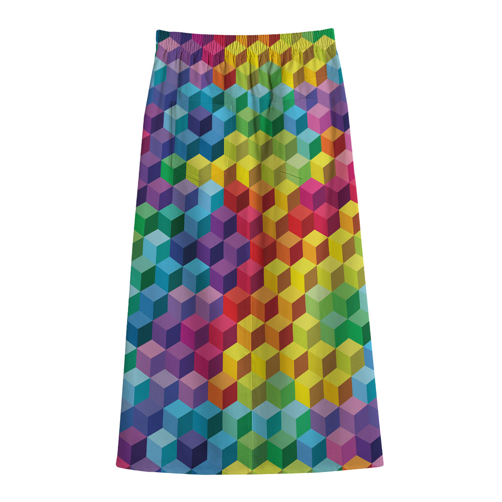 Rainbow Cubes Pattern Print Cotton Front Slit Maxi Skirt