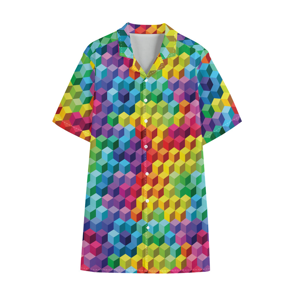 Rainbow Cubes Pattern Print Cotton Hawaiian Shirt
