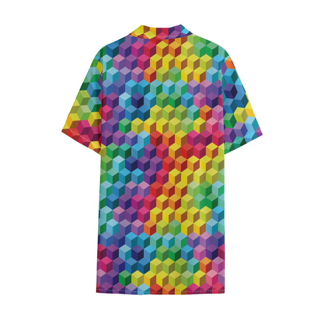Rainbow Cubes Pattern Print Cotton Hawaiian Shirt