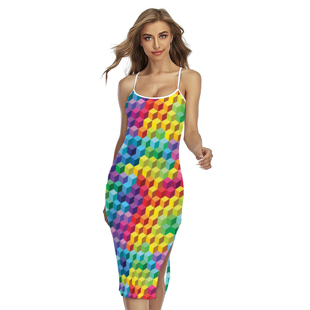 Rainbow Cubes Pattern Print Cross Back Cami Dress