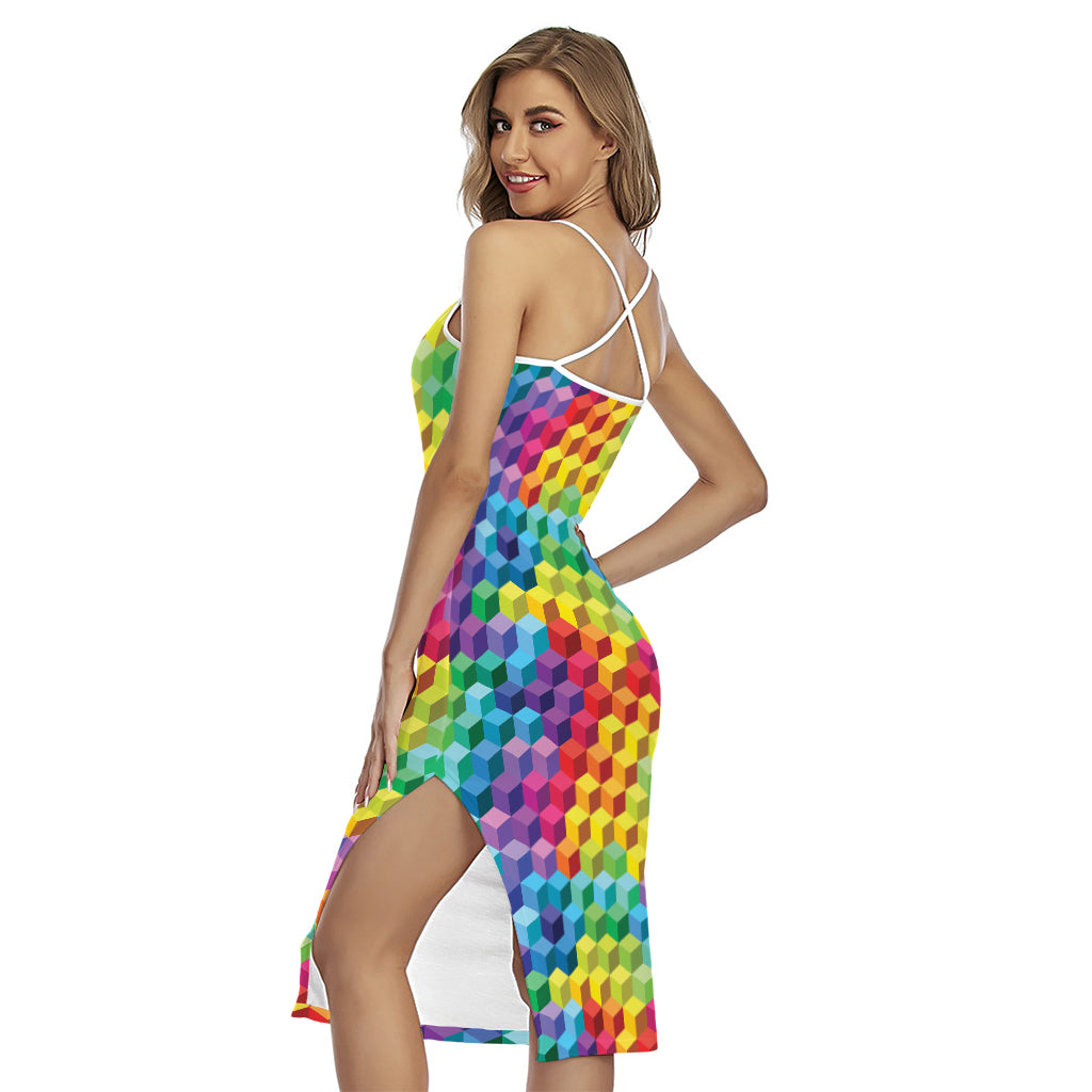 Rainbow Cubes Pattern Print Cross Back Cami Dress