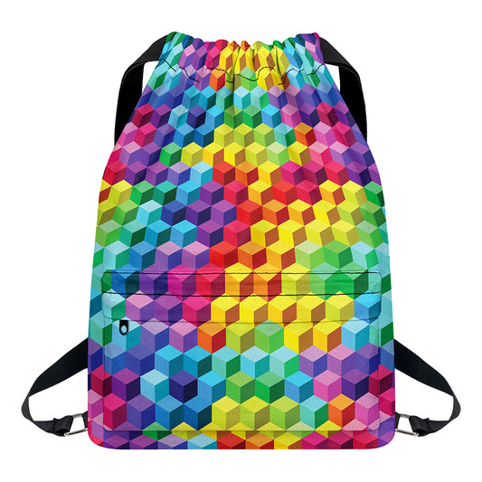 Rainbow Cubes Pattern Print Drawstring Backpack