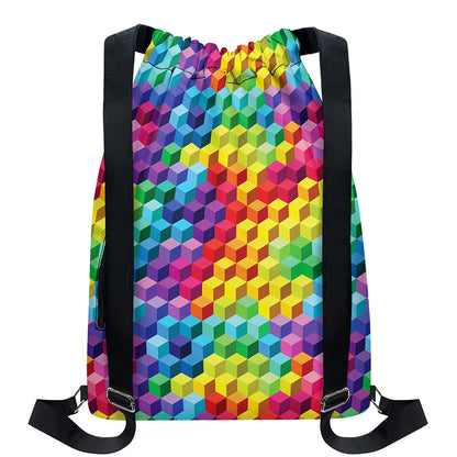Rainbow Cubes Pattern Print Drawstring Backpack