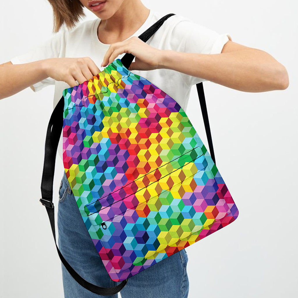 Rainbow Cubes Pattern Print Drawstring Backpack