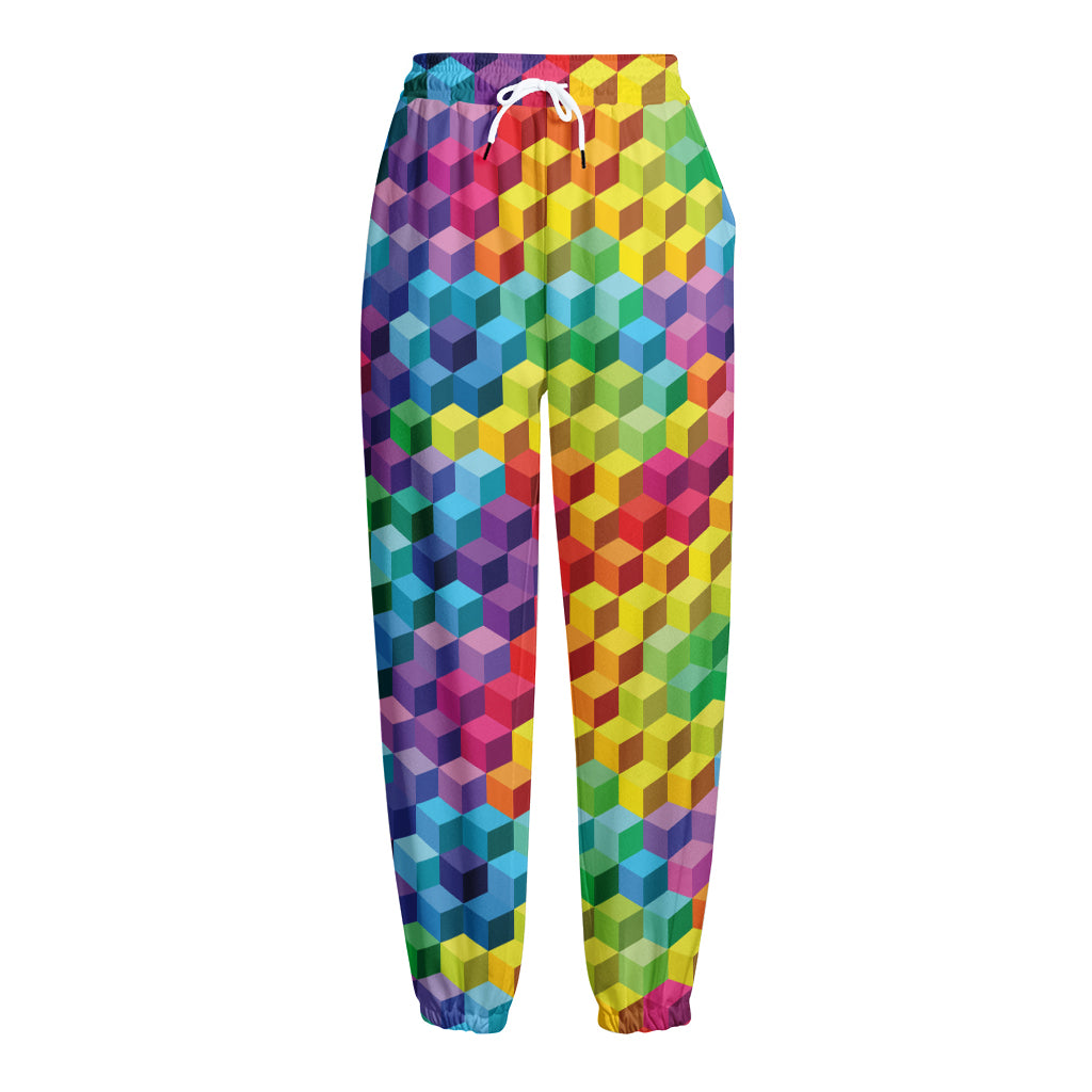 Rainbow Cubes Pattern Print Fleece Lined Knit Pants
