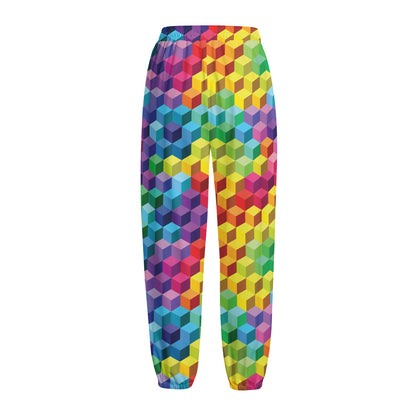Rainbow Cubes Pattern Print Fleece Lined Knit Pants
