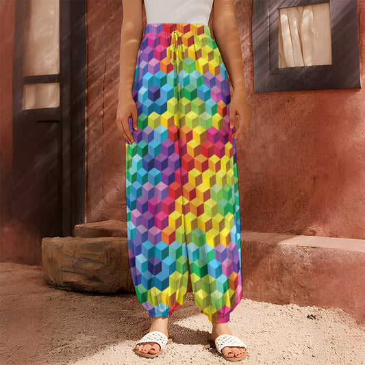 Rainbow Cubes Pattern Print Harem Pants