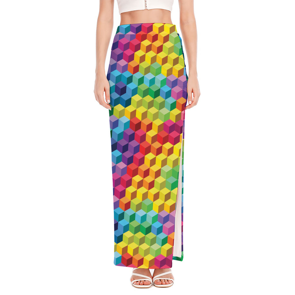 Rainbow Cubes Pattern Print High Slit Maxi Skirt