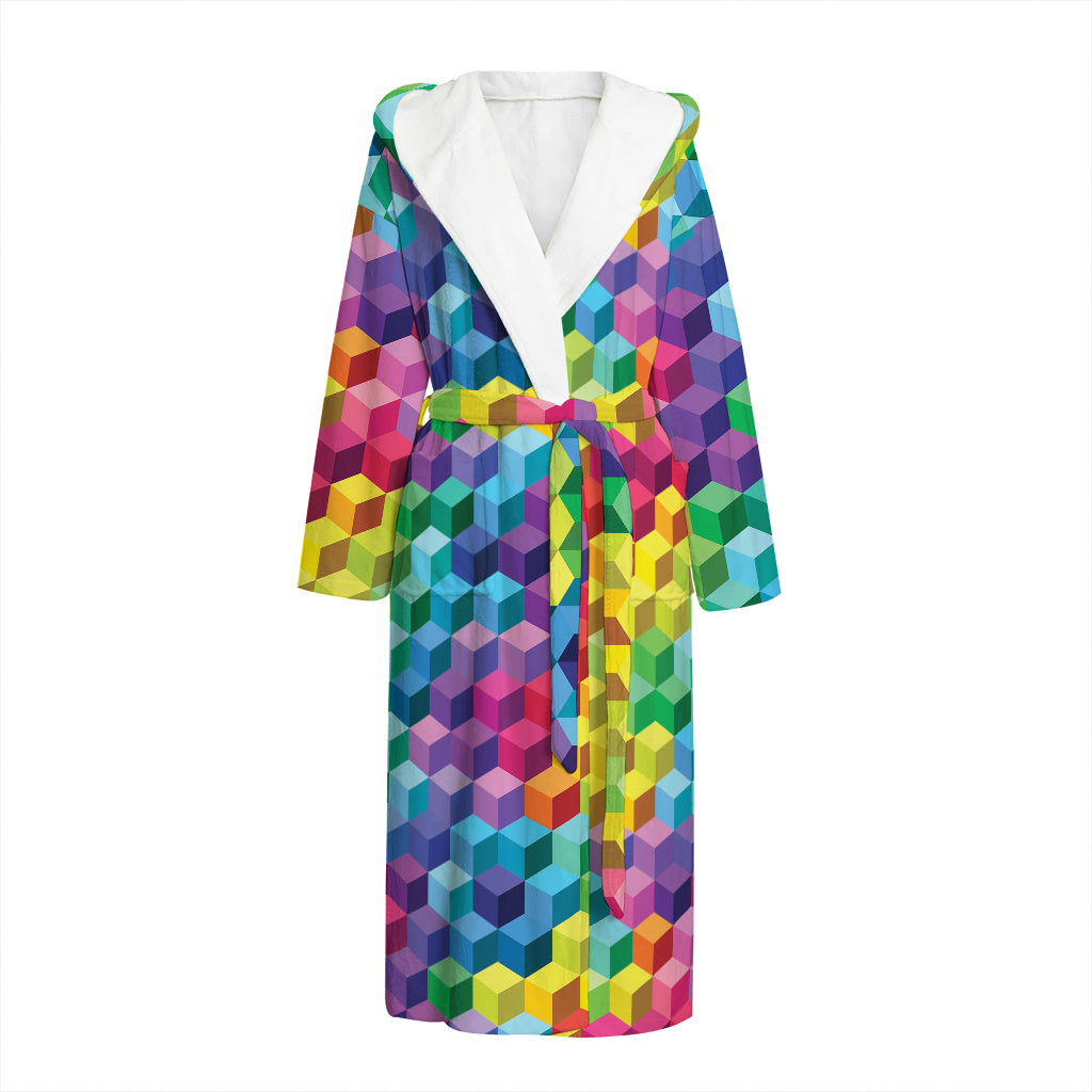 Rainbow Cubes Pattern Print Hooded Bathrobe