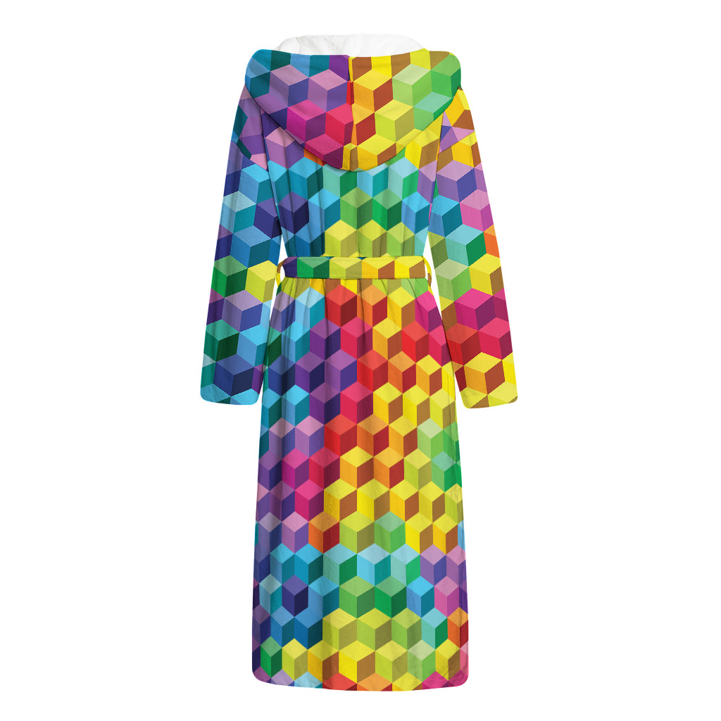 Rainbow Cubes Pattern Print Hooded Bathrobe