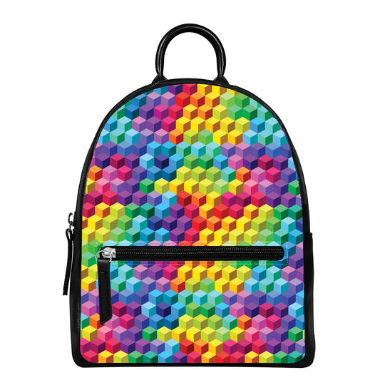 Rainbow Cubes Pattern Print Leather Backpack