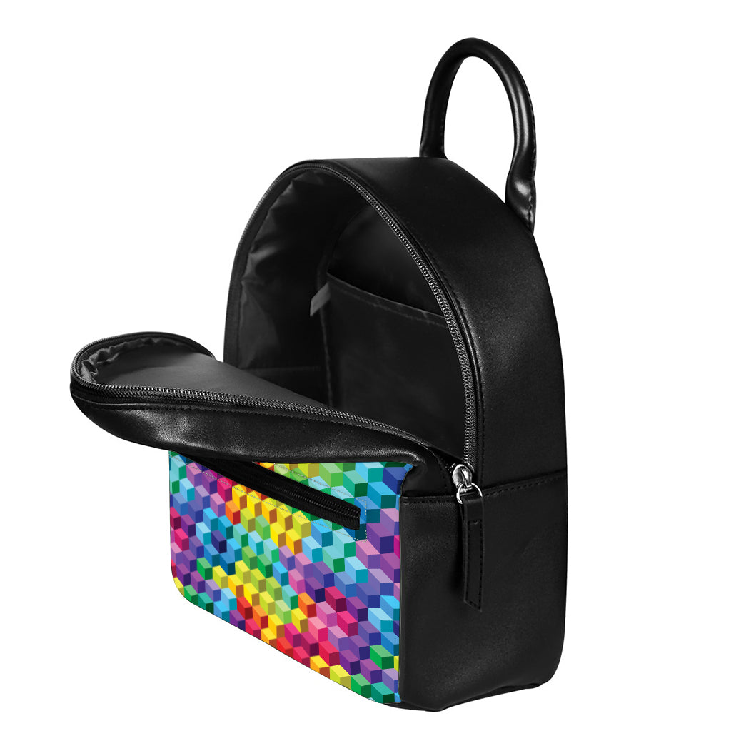 Rainbow Cubes Pattern Print Leather Backpack
