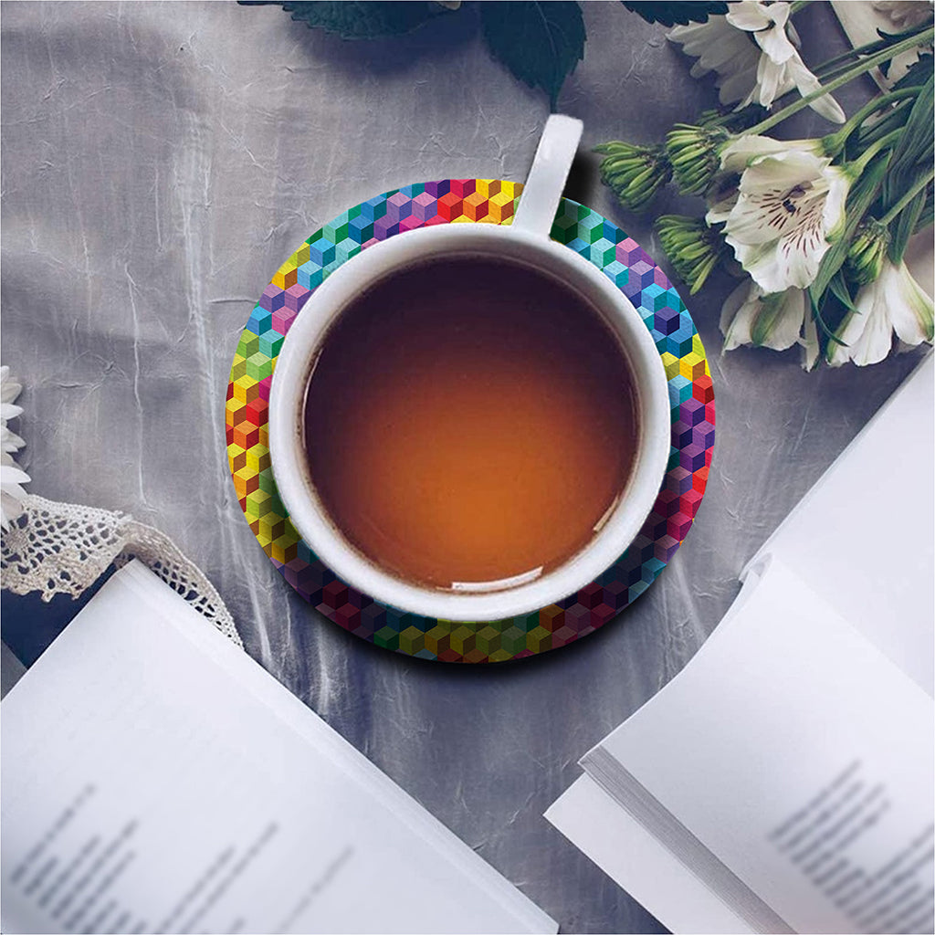 Rainbow Cubes Pattern Print Leather Coaster Set