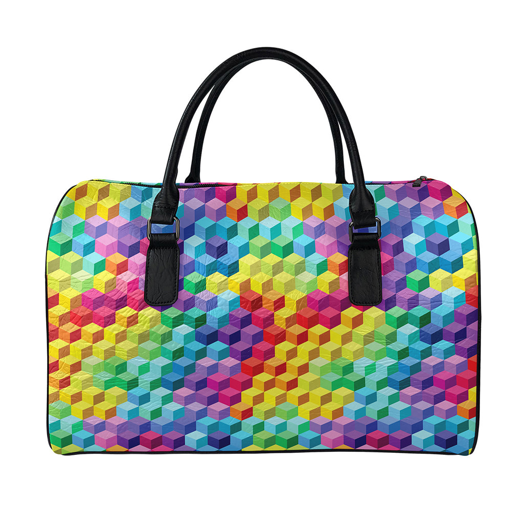 Rainbow Cubes Pattern Print Leather Duffle Bag