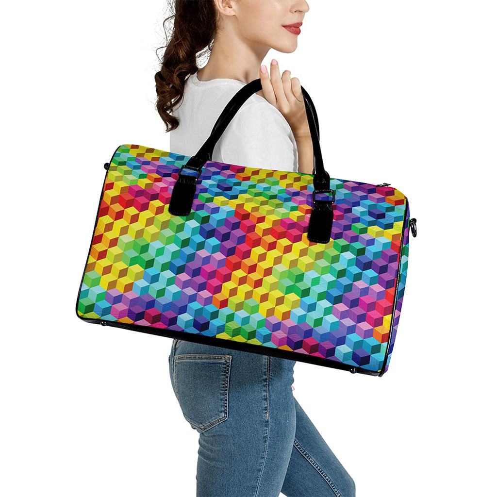 Rainbow Cubes Pattern Print Leather Duffle Bag