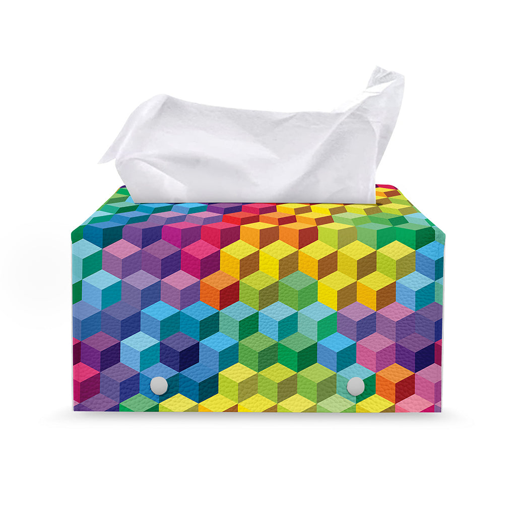 Rainbow Cubes Pattern Print Leather Tissue Box Cover
