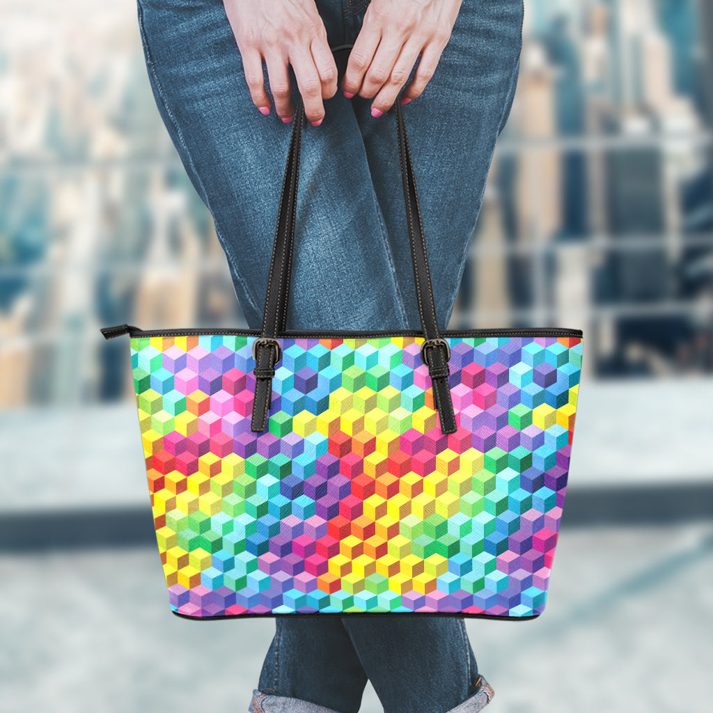 Rainbow Cubes Pattern Print Leather Tote Bag