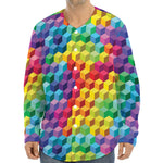 Rainbow Cubes Pattern Print Long Sleeve Baseball Jersey