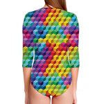 Rainbow Cubes Pattern Print Long Sleeve Swimsuit