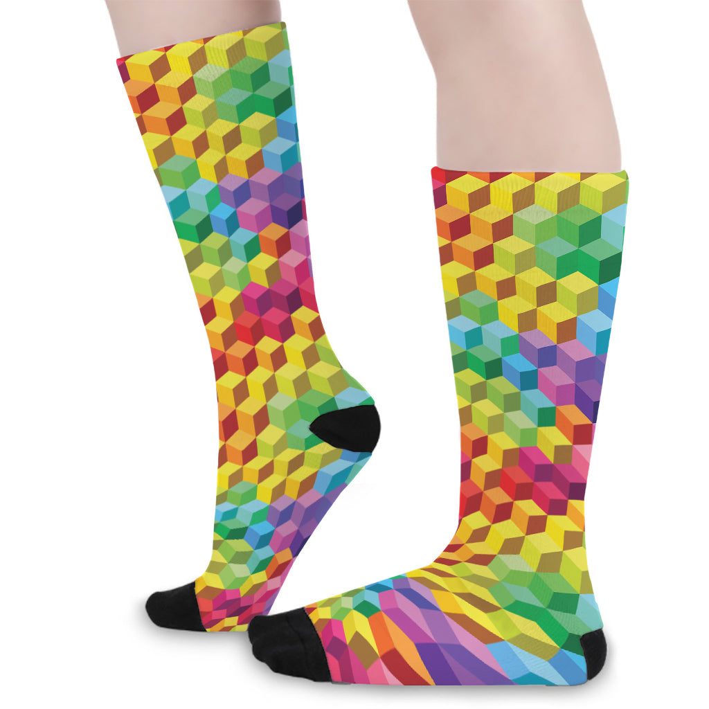 Rainbow Cubes Pattern Print Long Socks