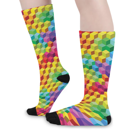 Rainbow Cubes Pattern Print Long Socks