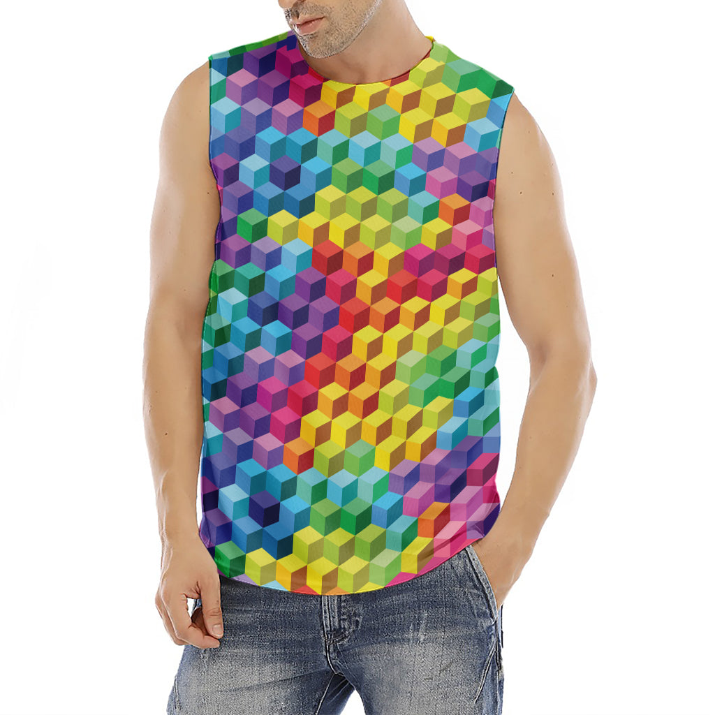Rainbow Cubes Pattern Print Men's Fitness Tank Top