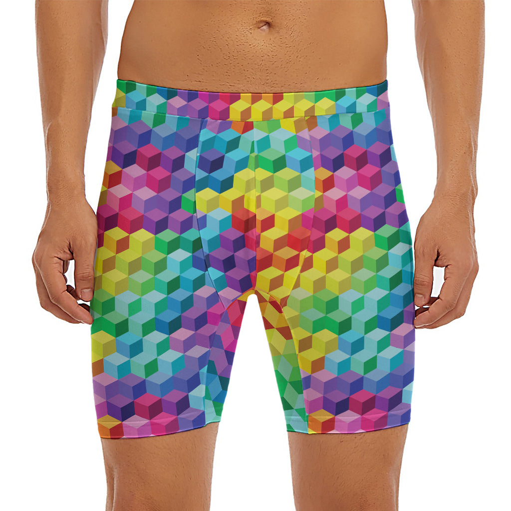 Rainbow Cubes Pattern Print Men's Long Boxer Briefs